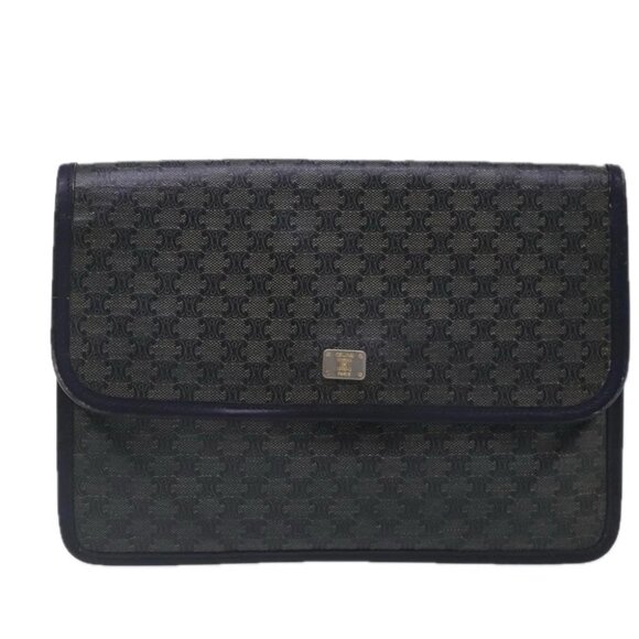 CELINE Macadam Canvas Clutch Bag Navy Gold Auth 94793 - Picture 1 of 16